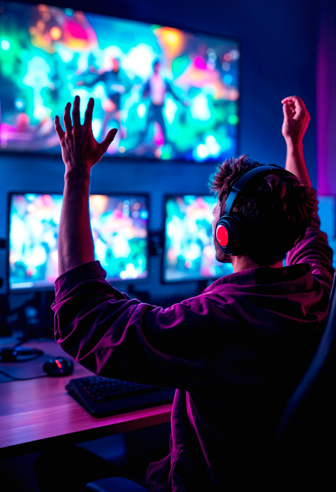 Pro gamer celebrating victory with headset and multiple gaming screens